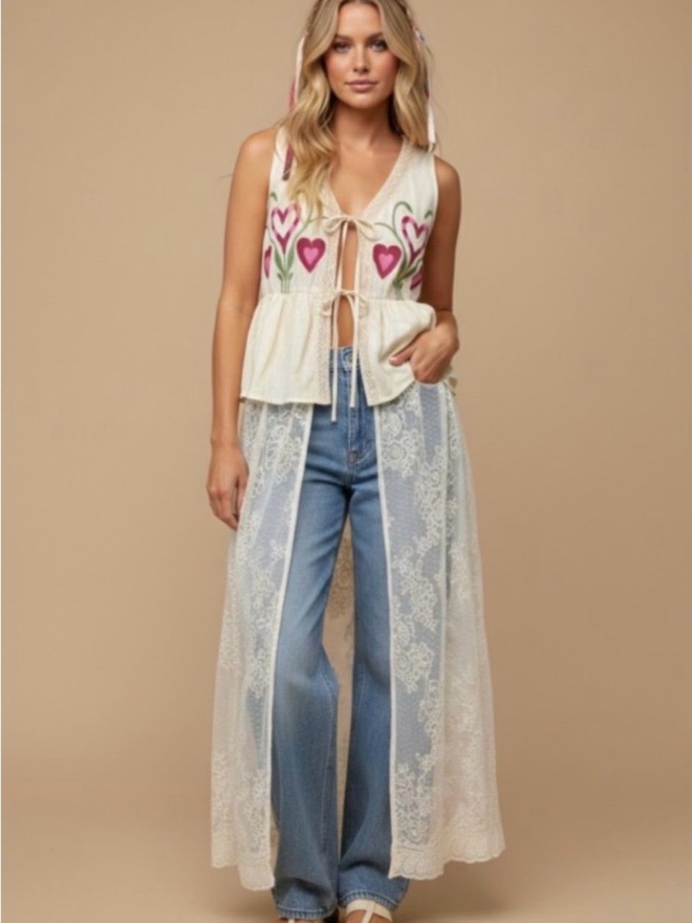 Boho Lace Overlay Vest with Heart Embroidery - Cream/Pink